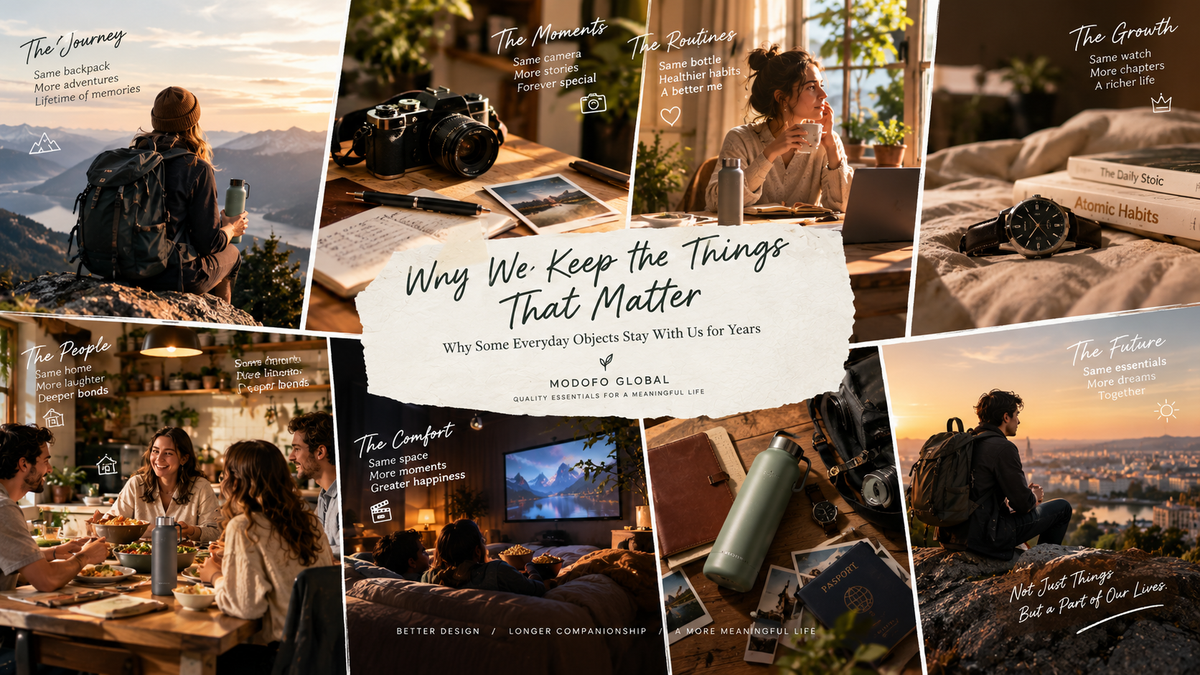 A collection of meaningful everyday objects including a notebook, camera, backpack, reusable bottle, watch, and books, representing lasting memories, intentional living, and timeless design.