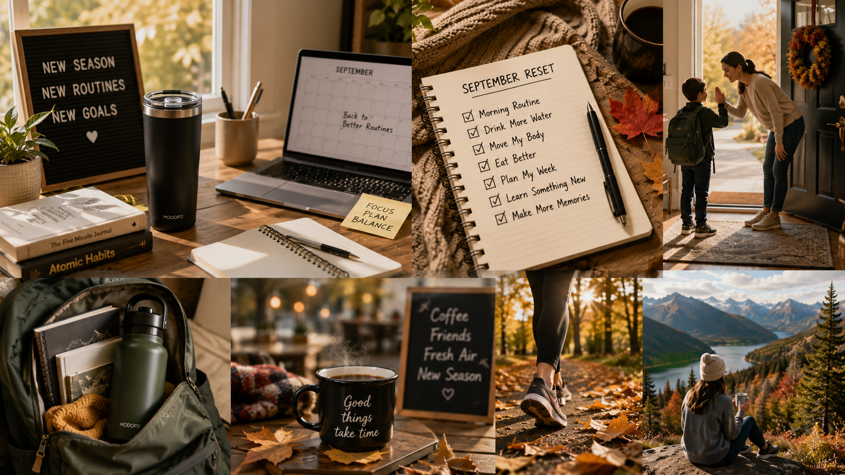 A modern American autumn lifestyle featuring back-to-school season, productive mornings, cozy coffee breaks, organized everyday essentials, and colorful fall adventures.