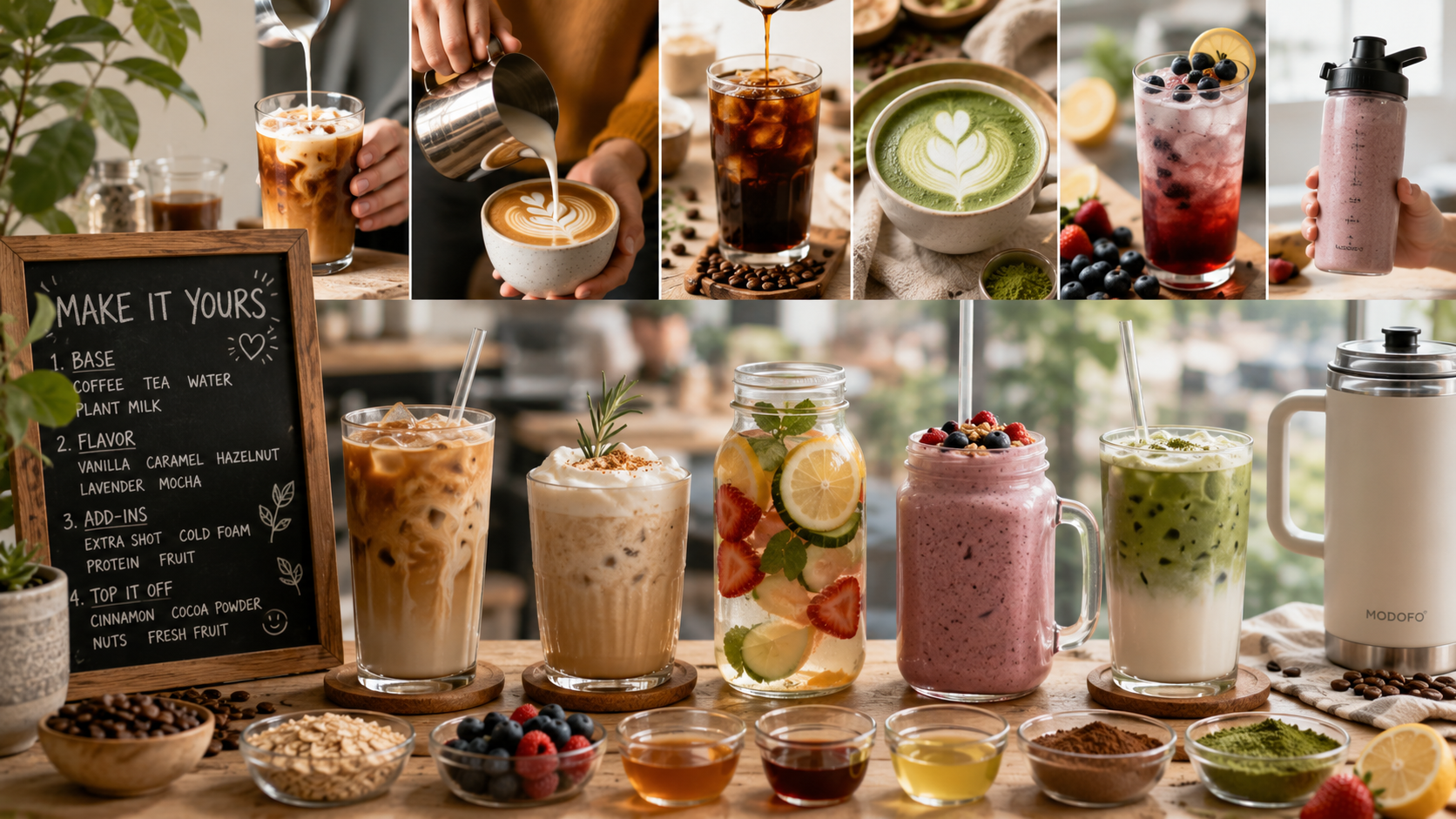 A modern beverage station featuring customizable drinks including cold brew coffee, matcha latte, fruit-infused water, berry smoothie, and reusable drinkware, showcasing the growing trend of personalized beverages and everyday coffee culture.