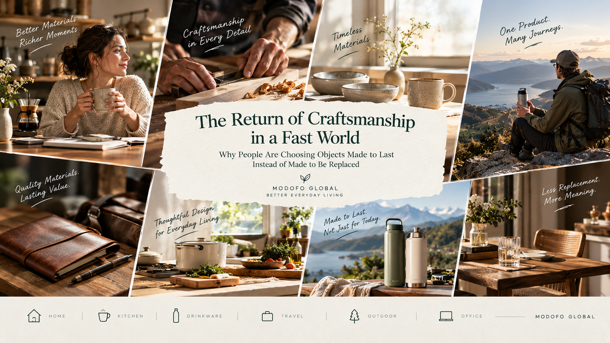 A warm lifestyle scene featuring handcrafted-inspired everyday essentials made from ceramic, wood, stainless steel, leather, and glass, celebrating timeless craftsmanship, thoughtful design, and products made to last.
