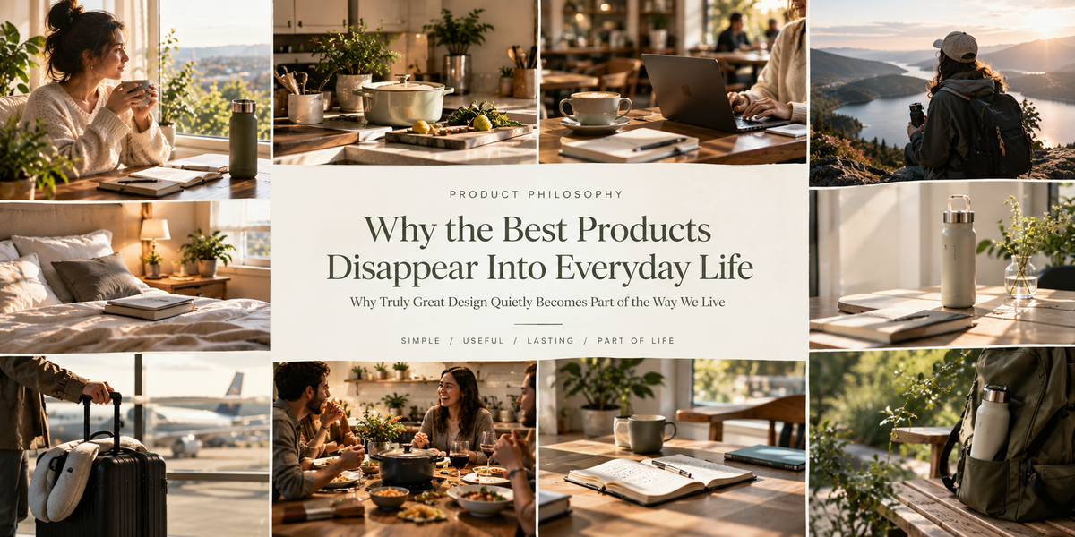 A warm modern home scene featuring everyday essentials including a reusable tumbler, ceramic mug, notebook, wooden table, soft natural light, and thoughtful design that quietly blends into daily life.