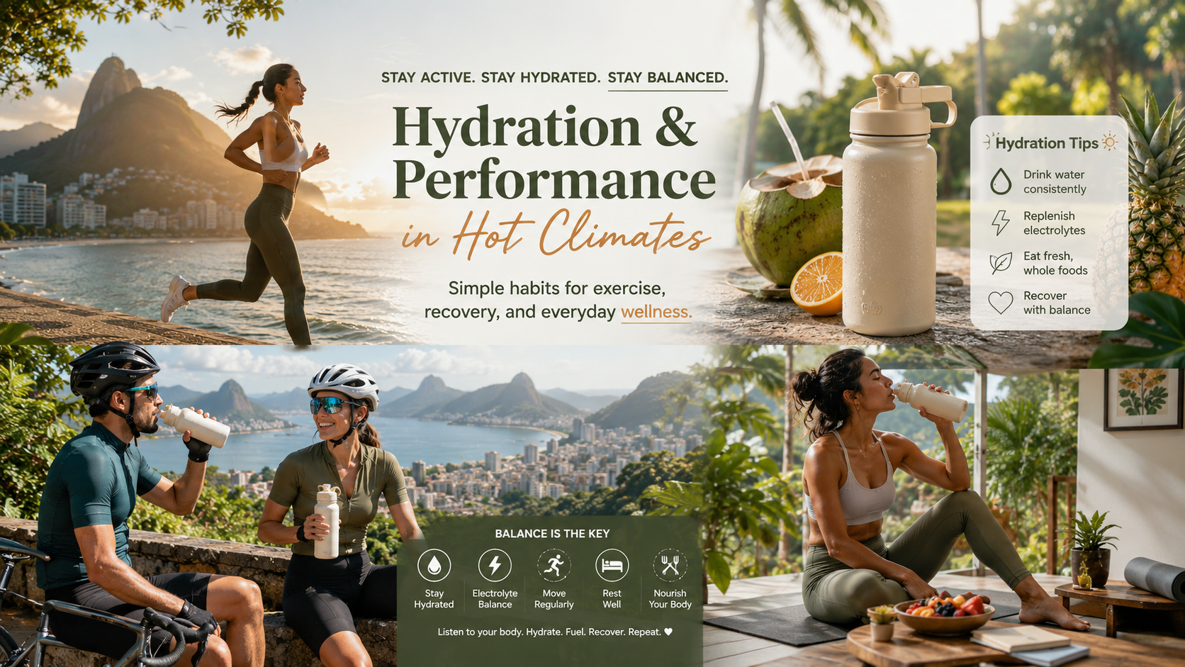 Active adults exercising outdoors in a warm South American climate while staying hydrated with reusable water bottles during a healthy lifestyle routine