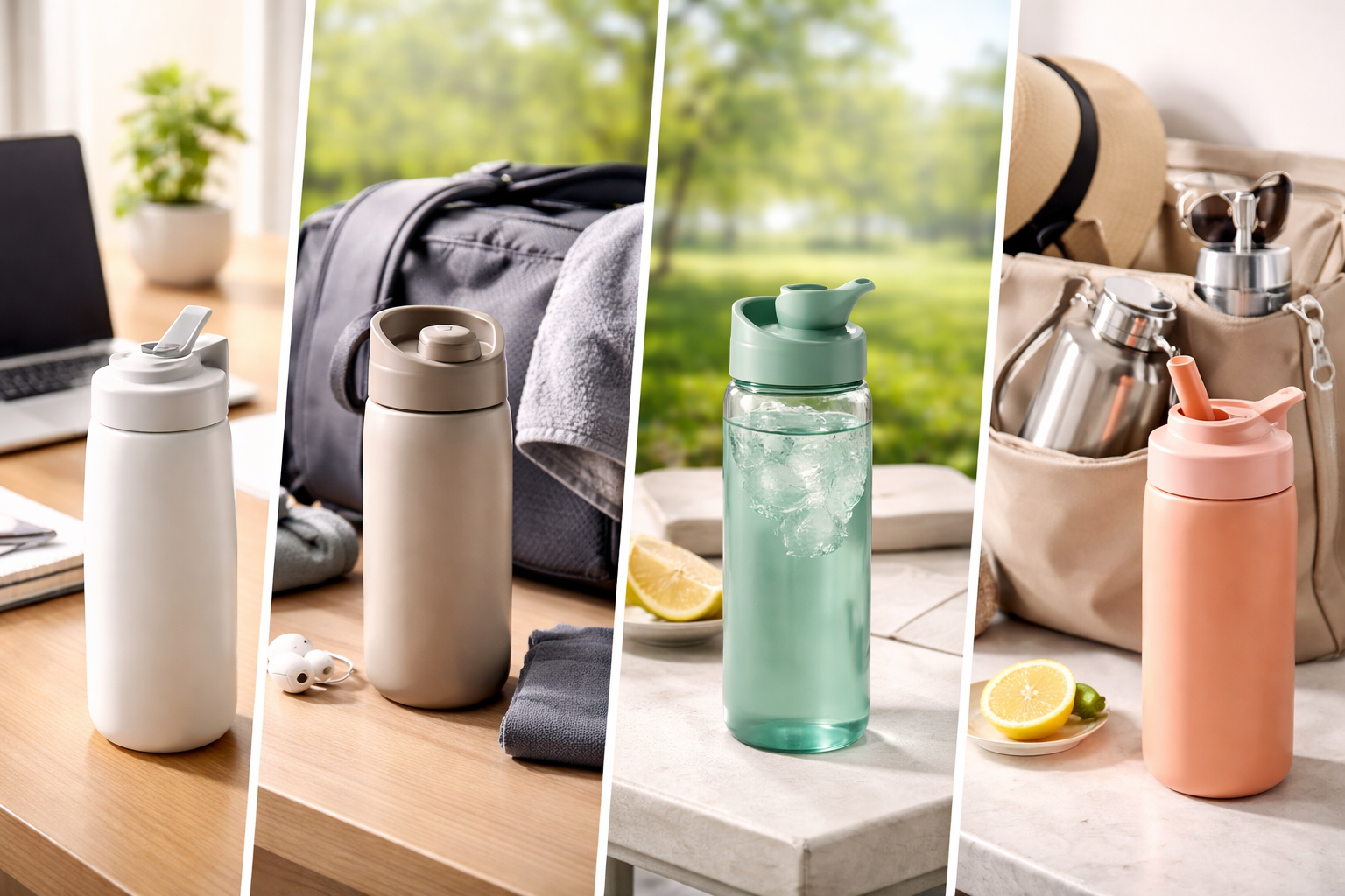 Cutaway illustration of insulated stainless steel water bottle showing lid system, vacuum layer, and ergonomic grip design.