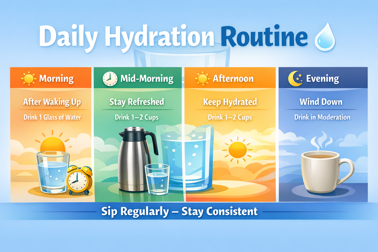 Daily hydration routine infographic showing morning, afternoon, and evening water intake habits for hot climates