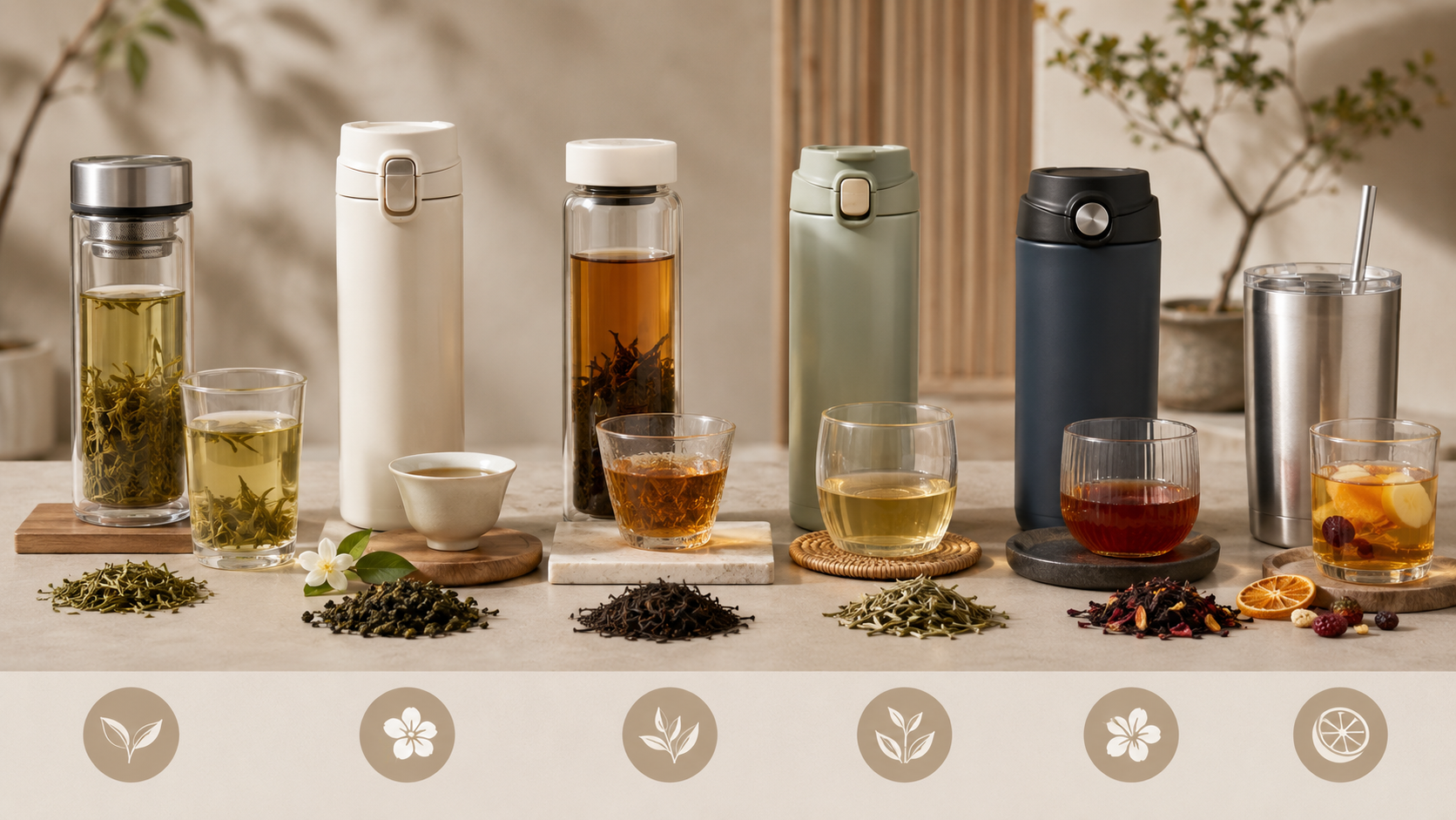 Different drinkware materials and beverages including tea coffee soda juice and insulated bottles on modern lifestyle table