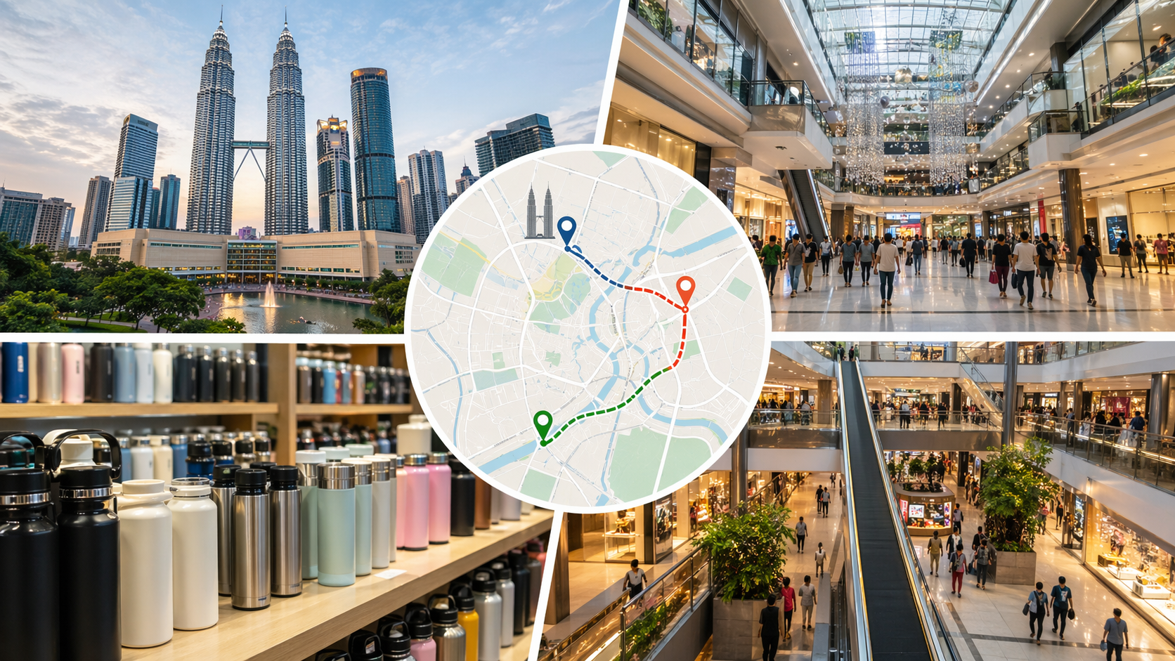 Kuala Lumpur shopping mall map showing KLCC Pavilion and Mid Valley areas for drinkware shopping
