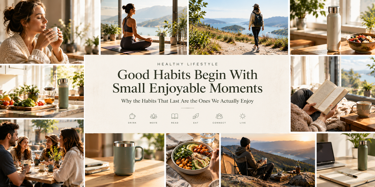 Lifestyle collage featuring morning coffee, yoga, walking, healthy meals, reading, reusable drinkware, and everyday wellness habits in warm natural settings.
