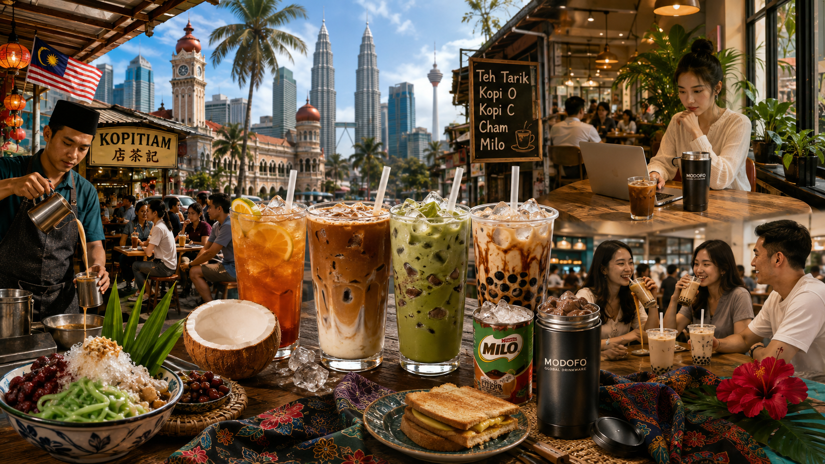 Malaysia's tropical beverage culture with iced coffee, local cafés, refreshing drinks, and contemporary urban lifestyle