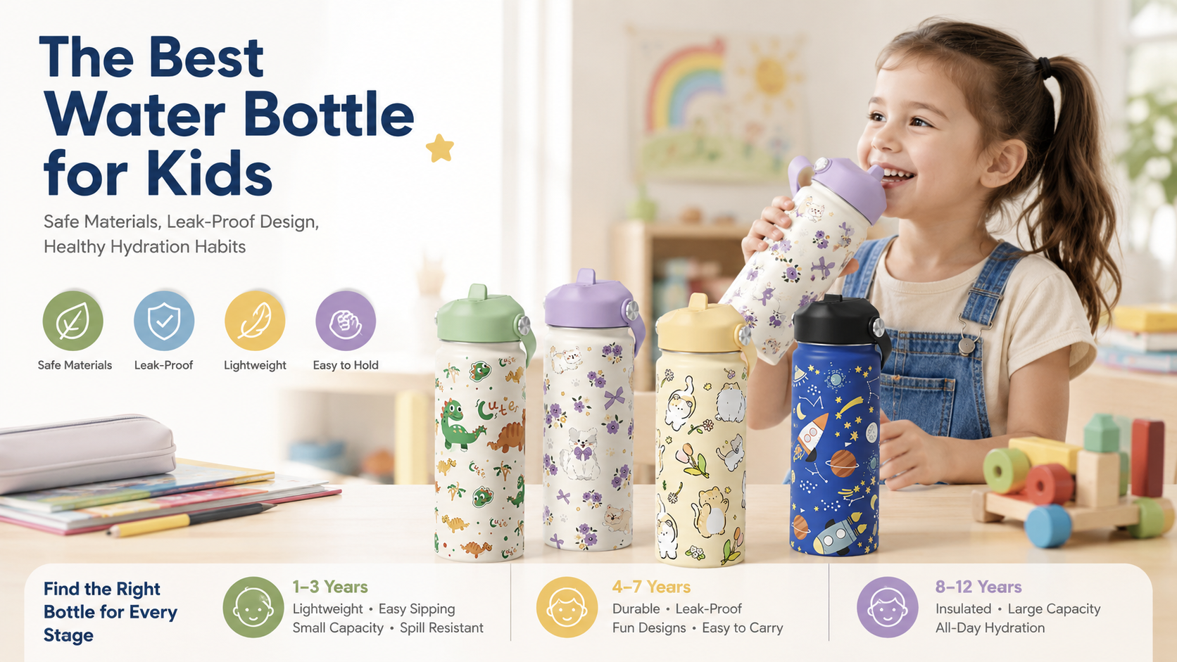 Modern kids water bottles with straw lids and insulated designs in colorful family lifestyle setting