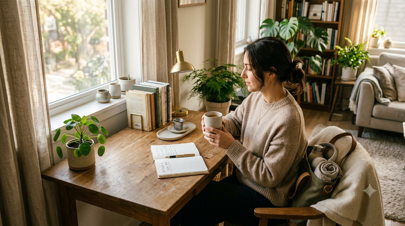 Modern micro luxury lifestyle scene featuring coffee, reusable drinkware, cozy workspace, and everyday essentials that improve daily living