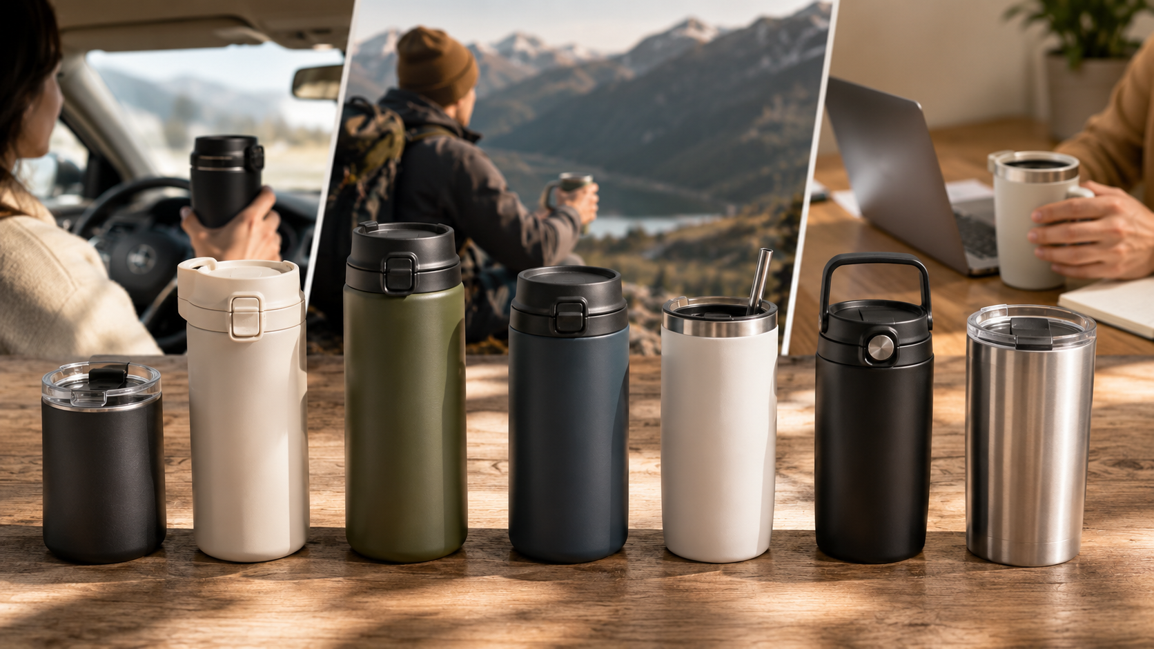 Modern travel mugs on desk and in car cup holder showing daily commuting lifestyle use