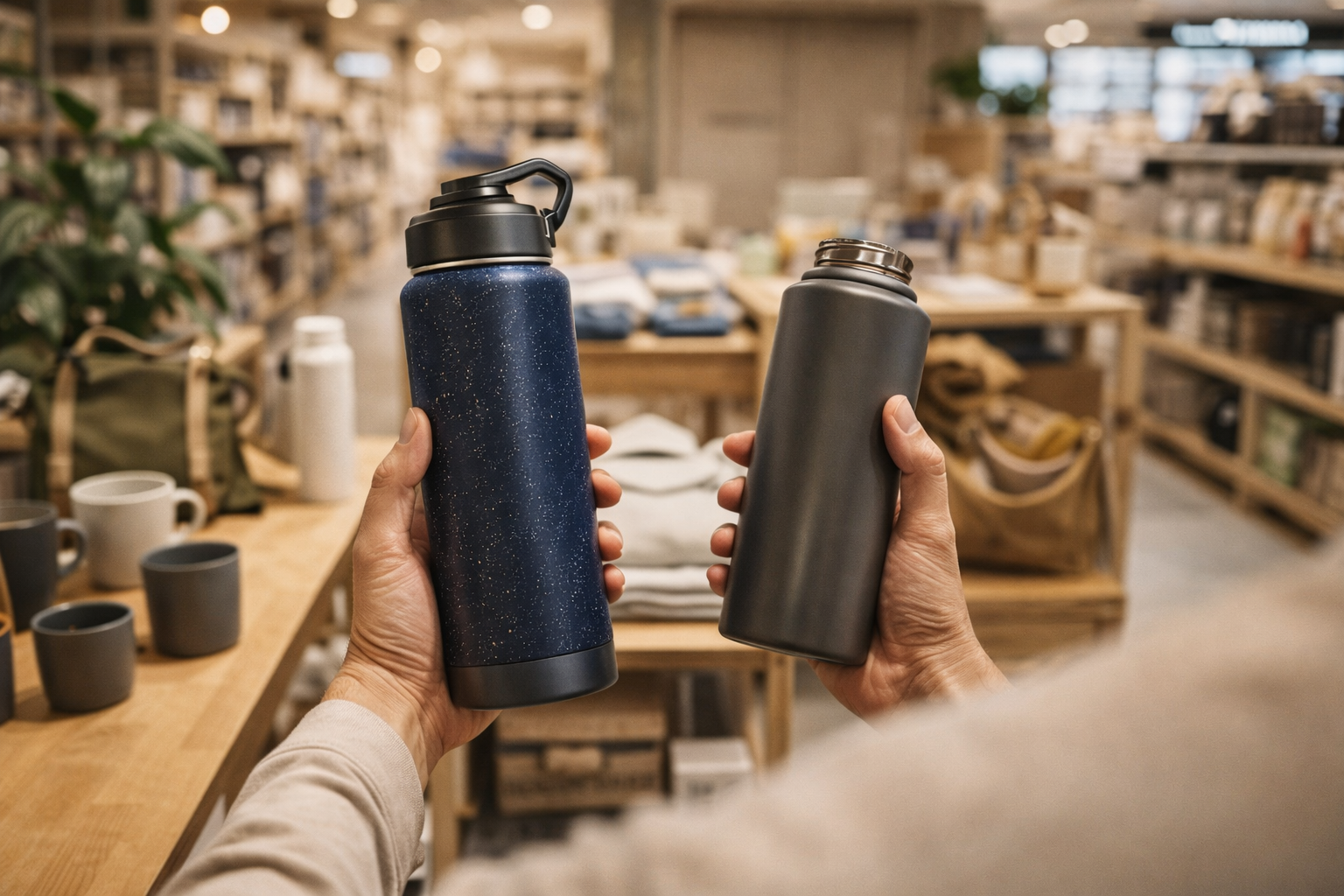 Person evaluating everyday products in a modern shopping mall, comparing quality, usability, and design for smarter purchasing decisions