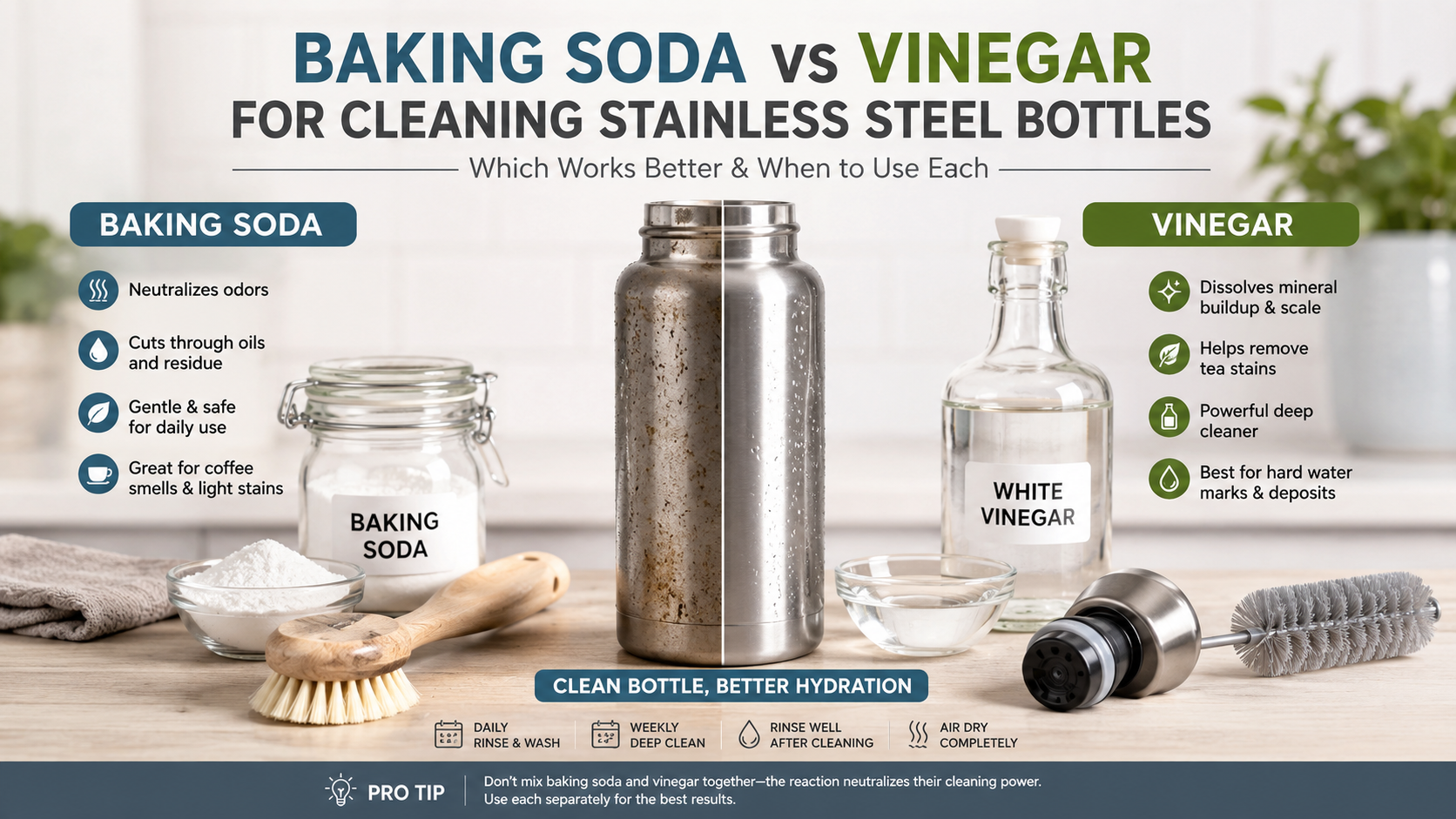 Side-by-side comparison of baking soda and white vinegar cleaning a stainless steel insulated water bottle, showing natural bottle care methods for removing coffee residue