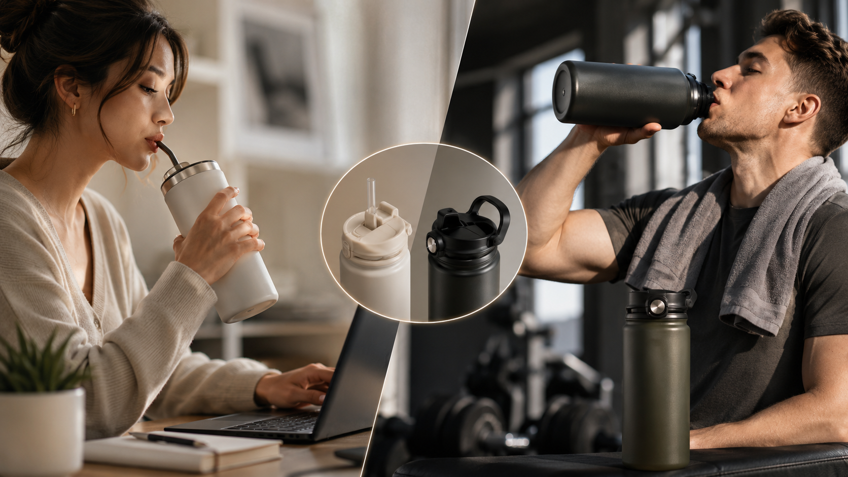 Sip friendly tumbler and chug friendly sports bottle comparison in modern daily lifestyle setting