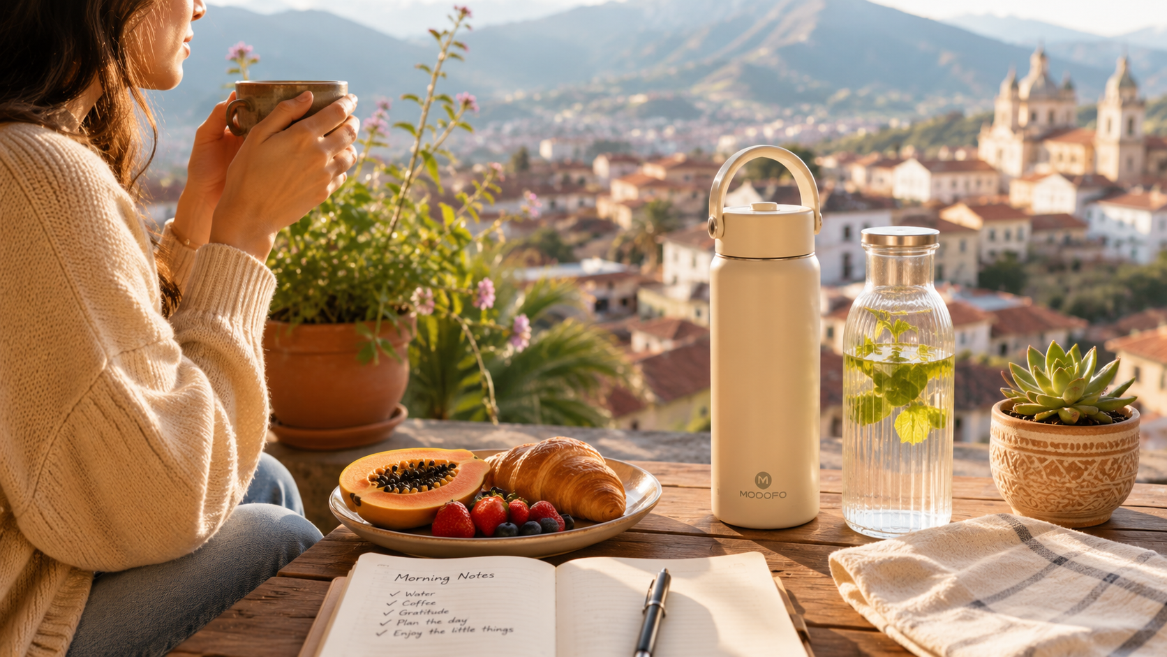 Sunlit morning breakfast scene featuring a reusable insulated tumbler, a ceramic coffee cup, fresh water, seasonal fruit, and a cozy home setting inspired by South American slow living
