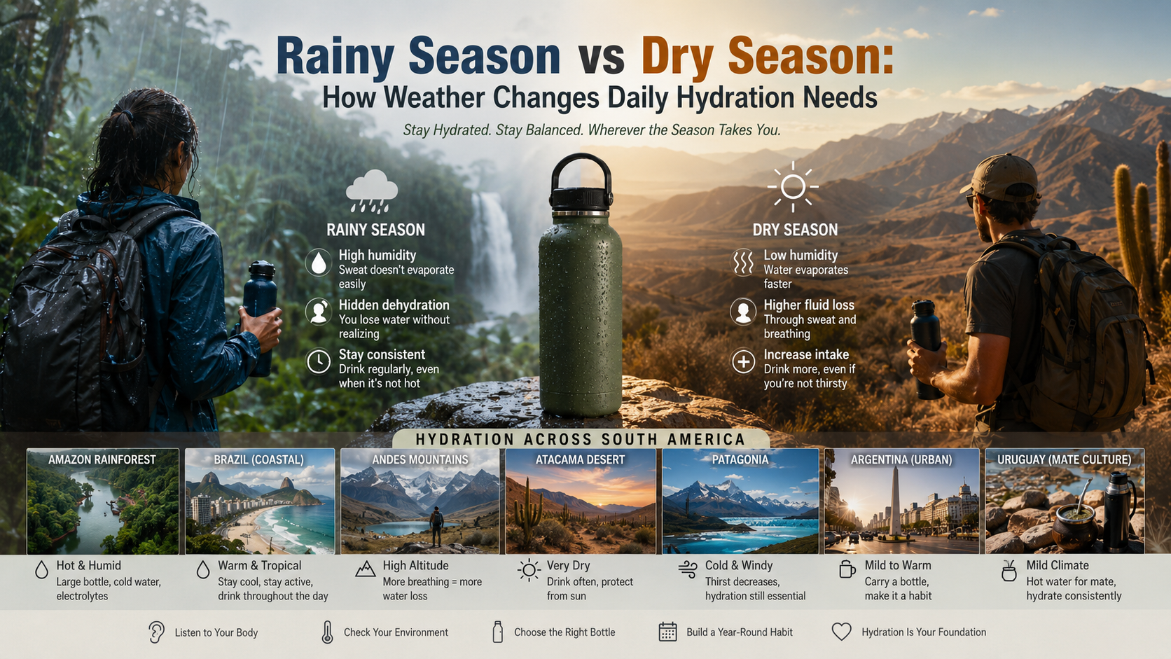 traveler staying hydrated with an insulated water bottle across South America's rainy and dry season landscapes