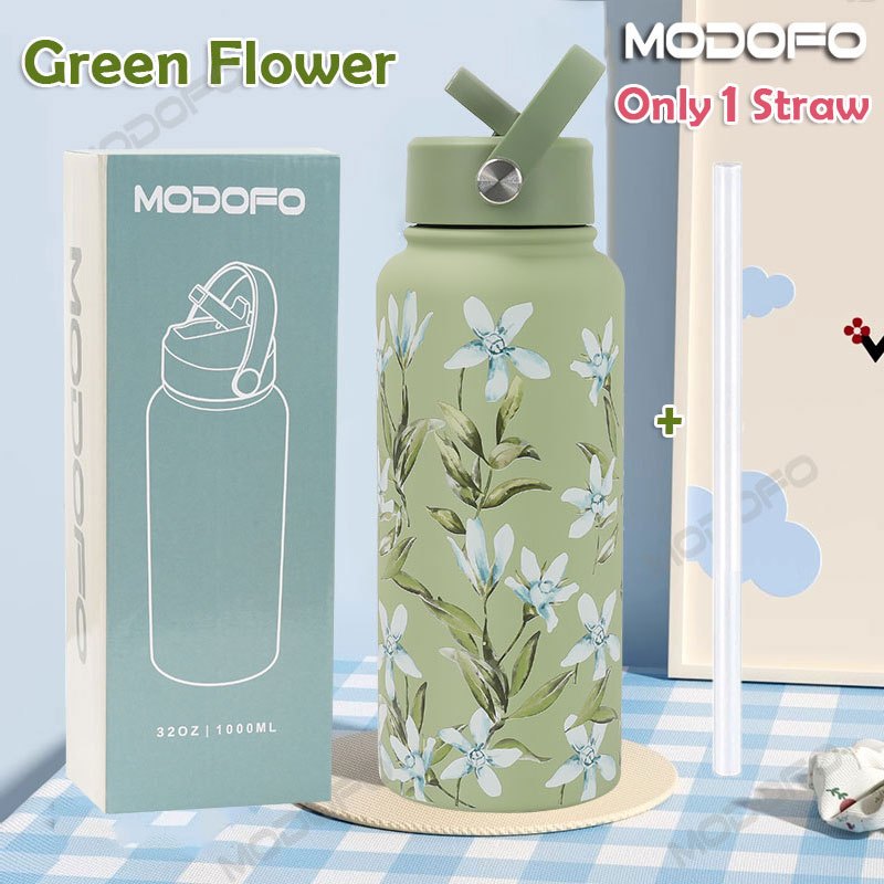 MODOFO 1000ML Portable Water Bottle with Straw Fashion Print Built-in Straw