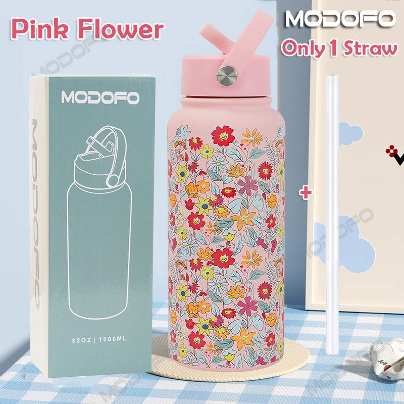 MODOFO 1000ML Portable Water Bottle with Straw Fashion Print Built-in Straw