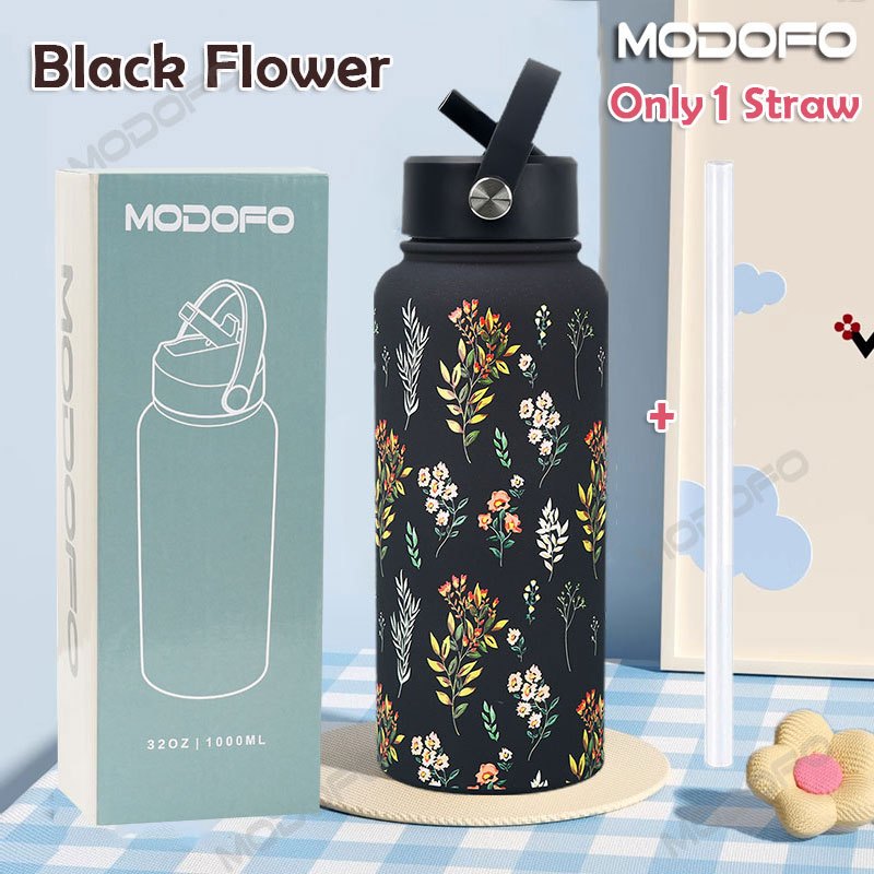 MODOFO 1000ML Portable Water Bottle with Straw Fashion Print Built-in Straw