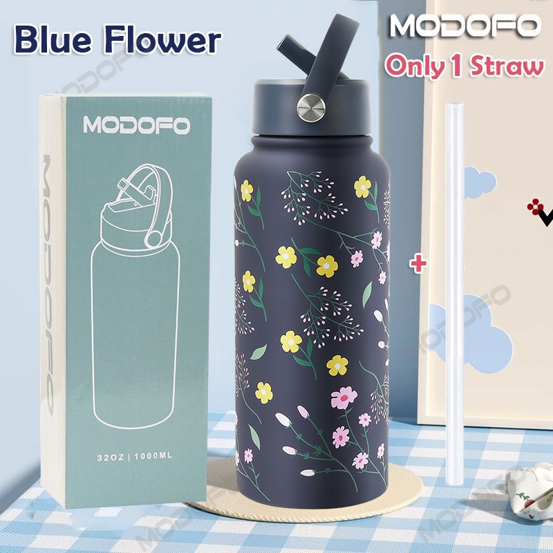 MODOFO 1000ML Portable Water Bottle with Straw Fashion Print Built-in Straw