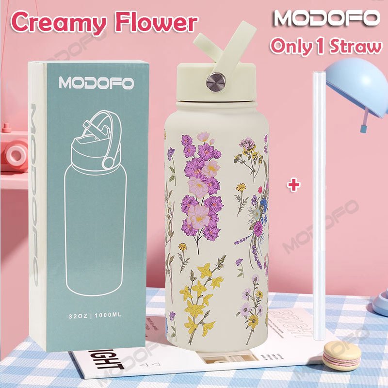 MODOFO 1000ML Portable Water Bottle with Straw Fashion Print Built-in Straw