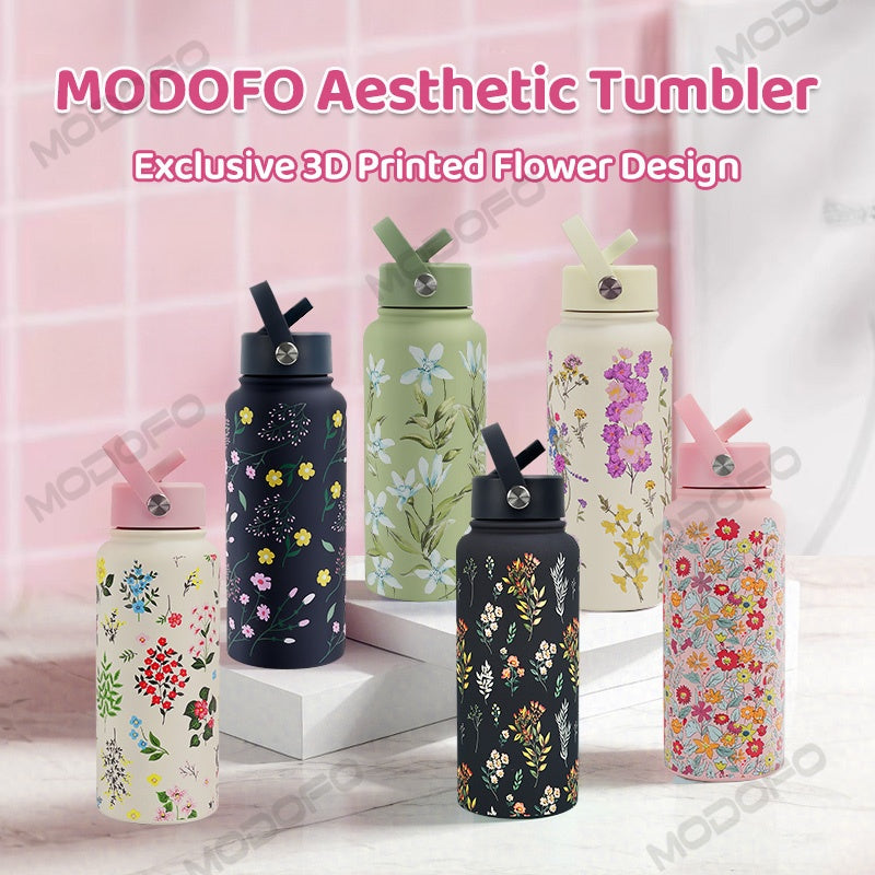 MODOFO 1000ML Portable Water Bottle with Straw Fashion Print Built-in Straw