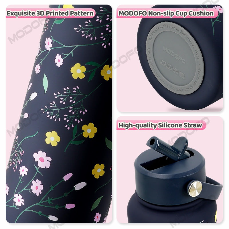 MODOFO 1000ML Portable Water Bottle with Straw Fashion Print Built-in Straw
