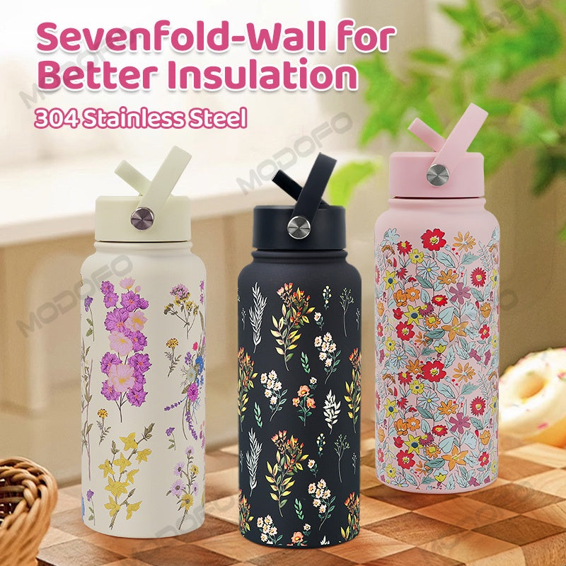 MODOFO 1000ML Portable Water Bottle with Straw Fashion Print Built-in Straw