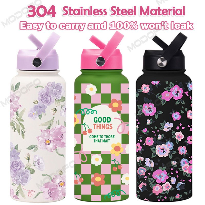MODOFO 1000ML Portable Water Bottle with Straw Fashion Print Built-in Straw