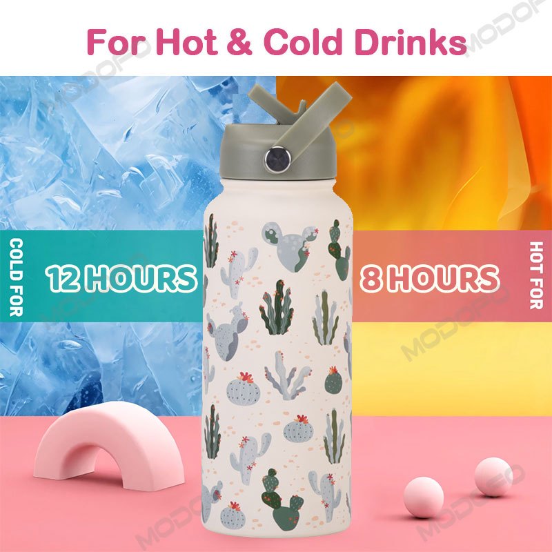 MODOFO 1000ML Portable Water Bottle with Straw Fashion Print Built-in Straw