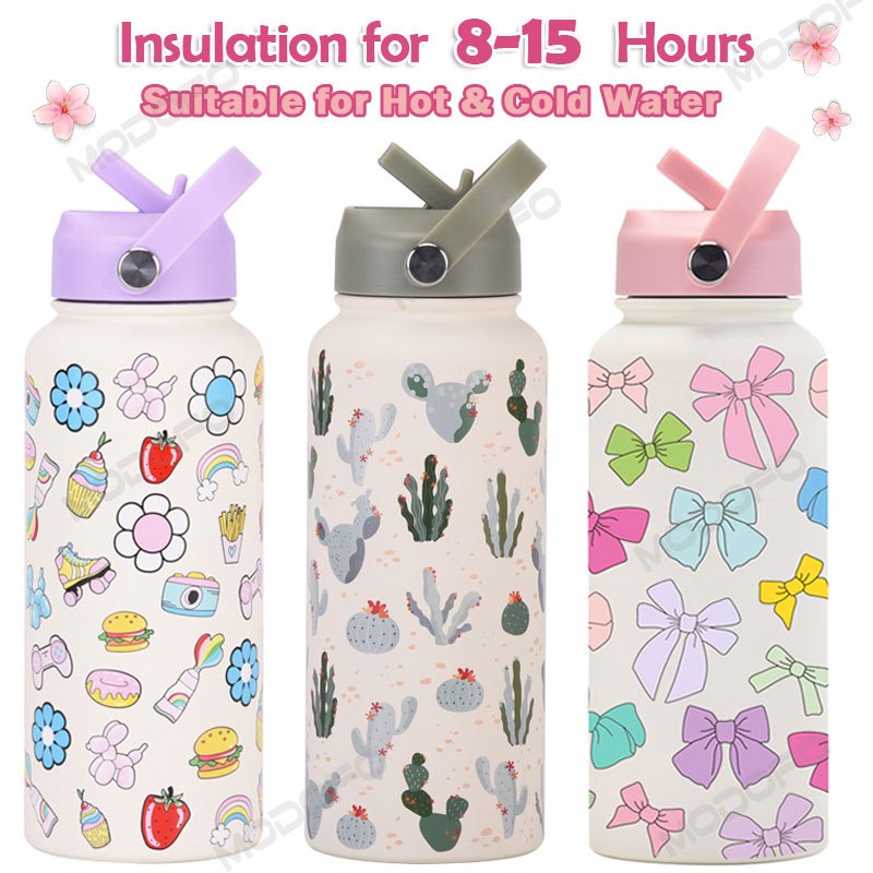 MODOFO 1000ML Portable Water Bottle with Straw Fashion Print Built-in Straw