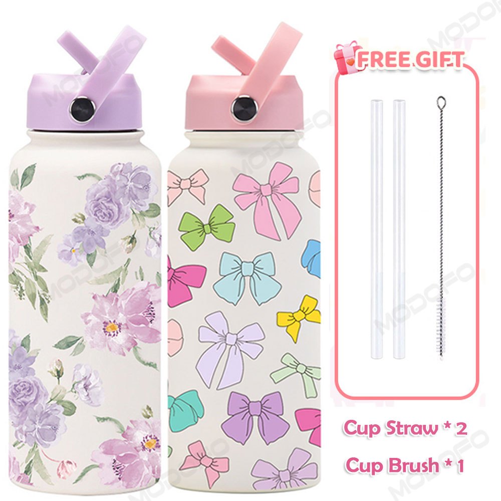 MODOFO 1000ML Portable Water Bottle with Straw Fashion Print Built-in Straw