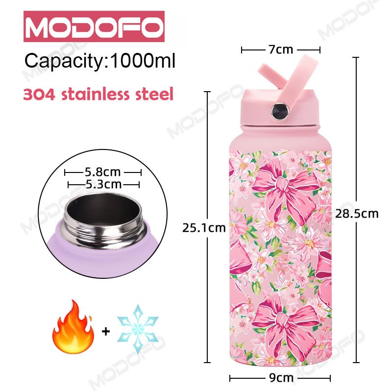 MODOFO 1000ML Portable Water Bottle with Straw Fashion Print Built-in Straw