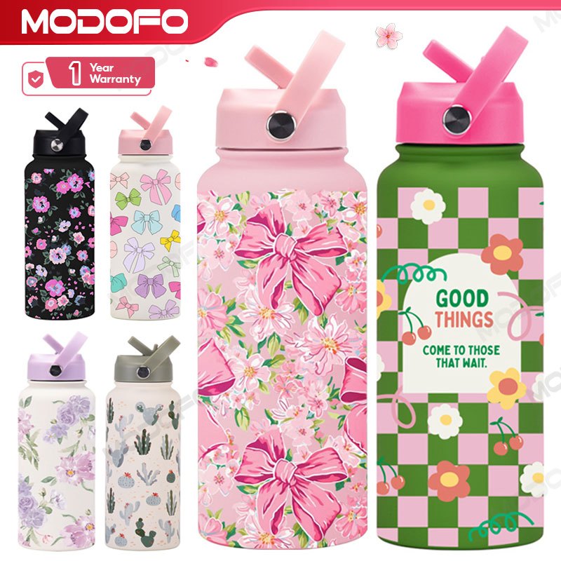 MODOFO 1000ML Portable Water Bottle with Straw Fashion Print Built-in Straw