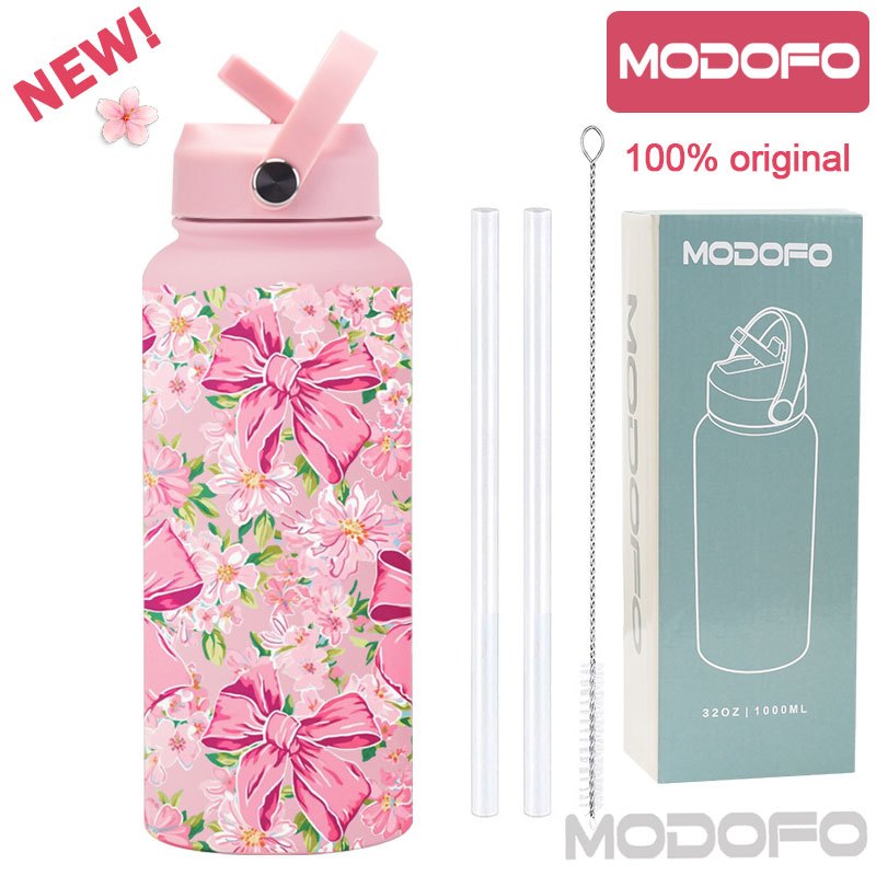 MODOFO 1000ML Portable Water Bottle with Straw Fashion Print Built-in Straw