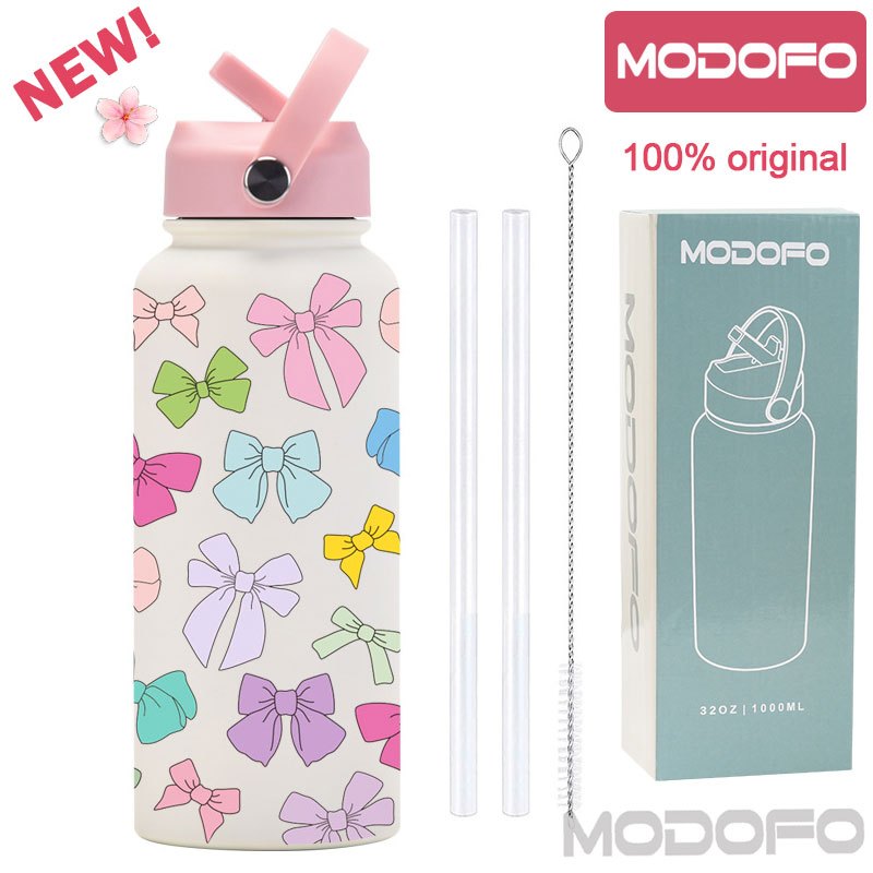 MODOFO 1000ML Portable Water Bottle with Straw Fashion Print Built-in Straw