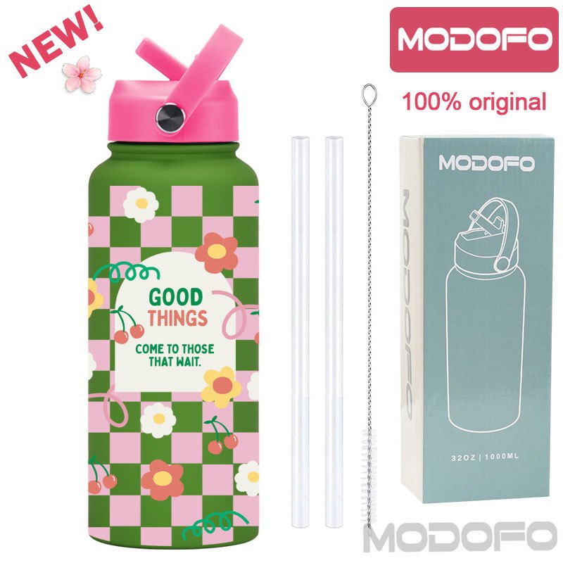 MODOFO 1000ML Portable Water Bottle with Straw Fashion Print Built-in Straw