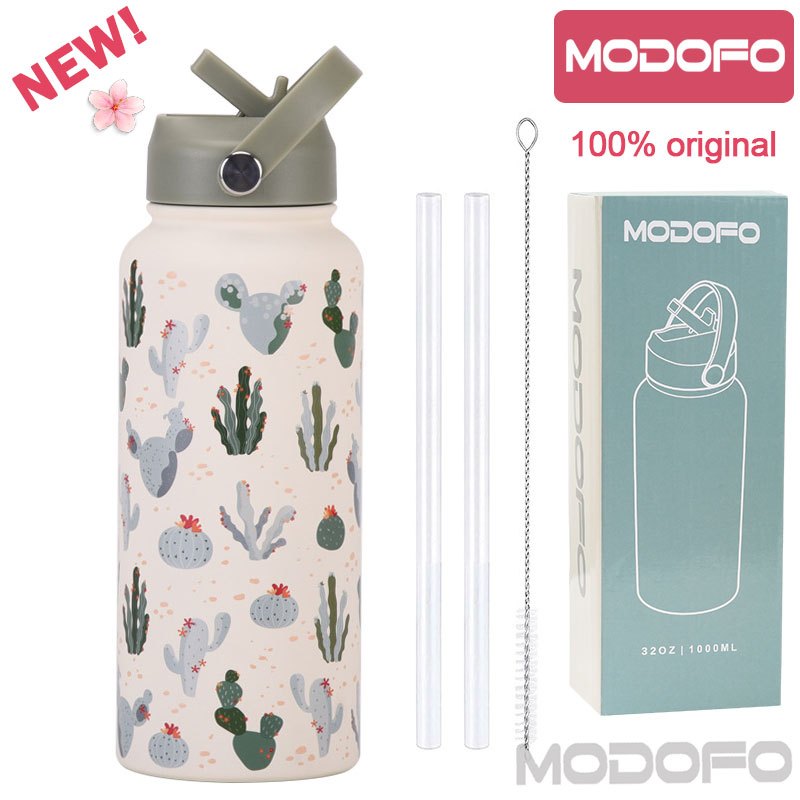 MODOFO 1000ML Portable Water Bottle with Straw Fashion Print Built-in Straw