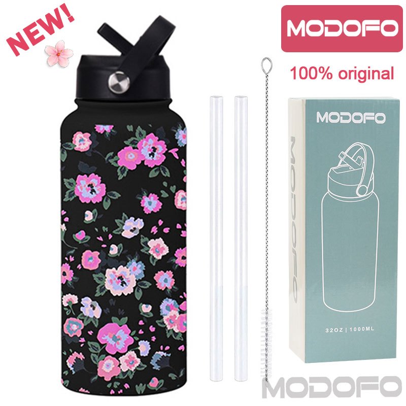 MODOFO 1000ML Portable Water Bottle with Straw Fashion Print Built-in Straw