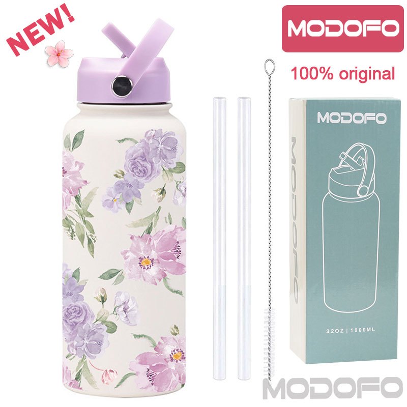 MODOFO 1000ML Portable Water Bottle with Straw Fashion Print Built-in Straw