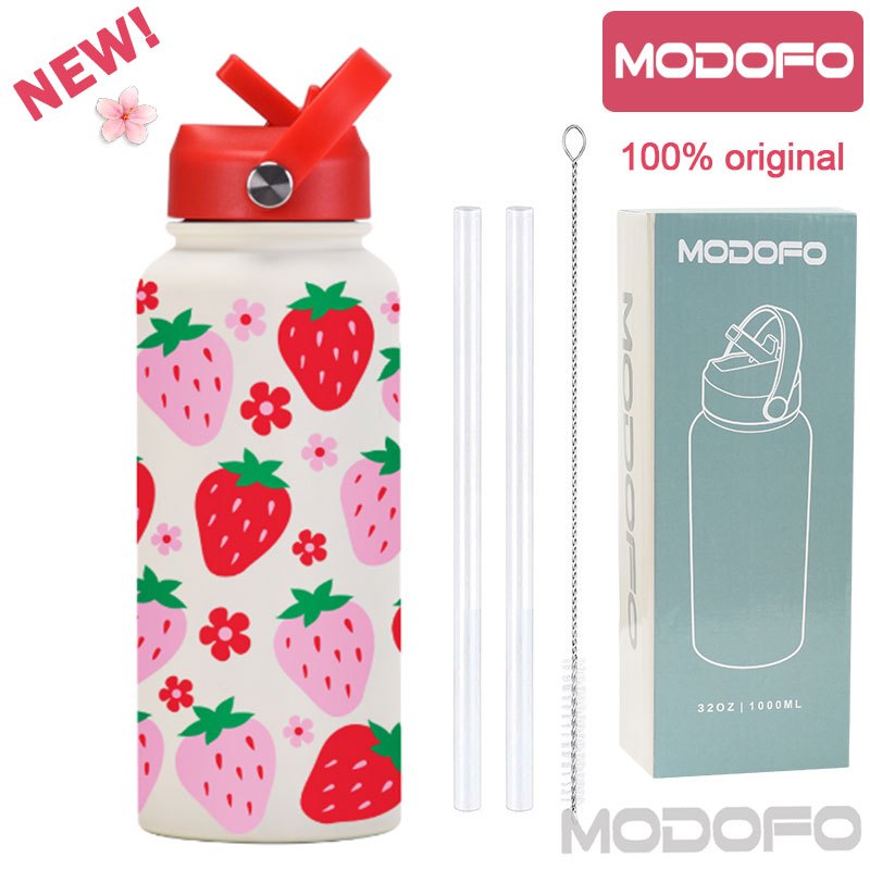 MODOFO 1000ML Portable Water Bottle with Straw Fashion Print Built-in Straw