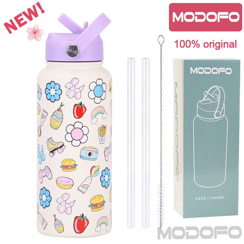 MODOFO 1000ML Portable Water Bottle with Straw Fashion Print Built-in Straw