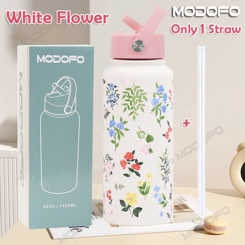 MODOFO 1000ML Portable Water Bottle with Straw Fashion Print Built-in Straw