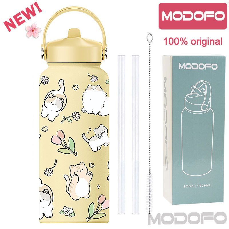 MODOFO 1000ML Portable Water Bottle with Straw Fashion Print Built-in Straw