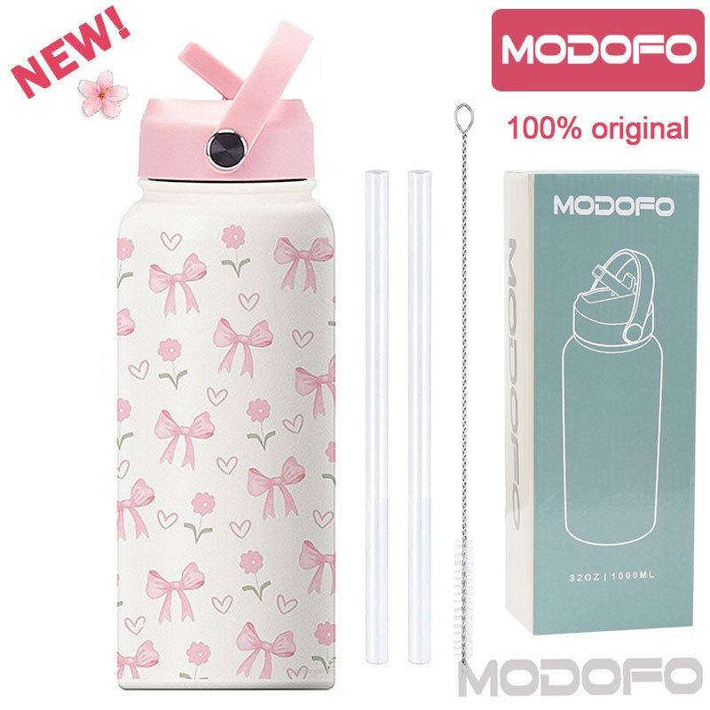 MODOFO 1000ML Portable Water Bottle with Straw Fashion Print Built-in Straw