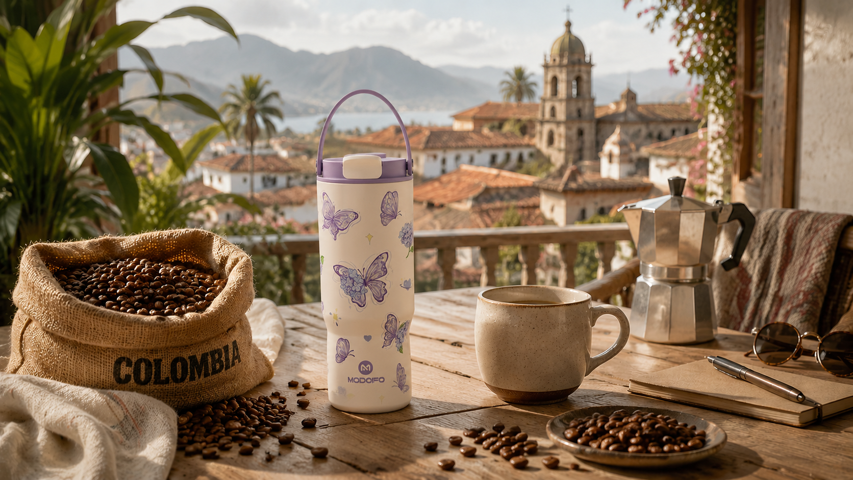 A South American coffee ritual scene with coffee beans, a reusable insulated tumbler, ceramic coffee cup, moka pot, and mountain town background showcasing slow living lifestyle and modern drinkware habits.