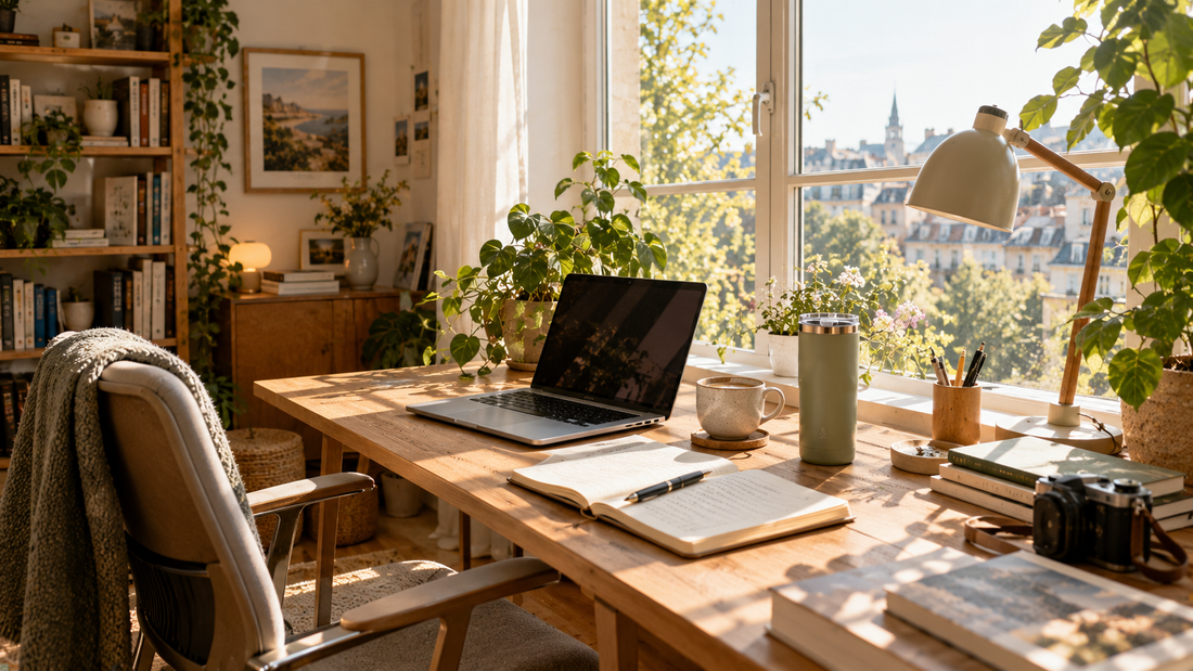 A bright home office featuring a wooden desk, books, coffee, reusable drinkware, desk plants, and warm morning light, designed to support creativity, focus, and a balanced everyday work routine.