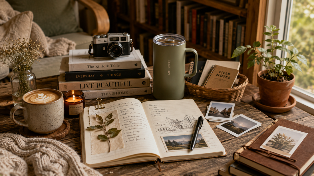 A cozy analog lifestyle scene featuring paper books, a handwritten journal, a ceramic coffee mug, a reusable travel tumbler, a vintage camera, and warm natural light, celebrating slow living, creativity, and meaningful offline moments.