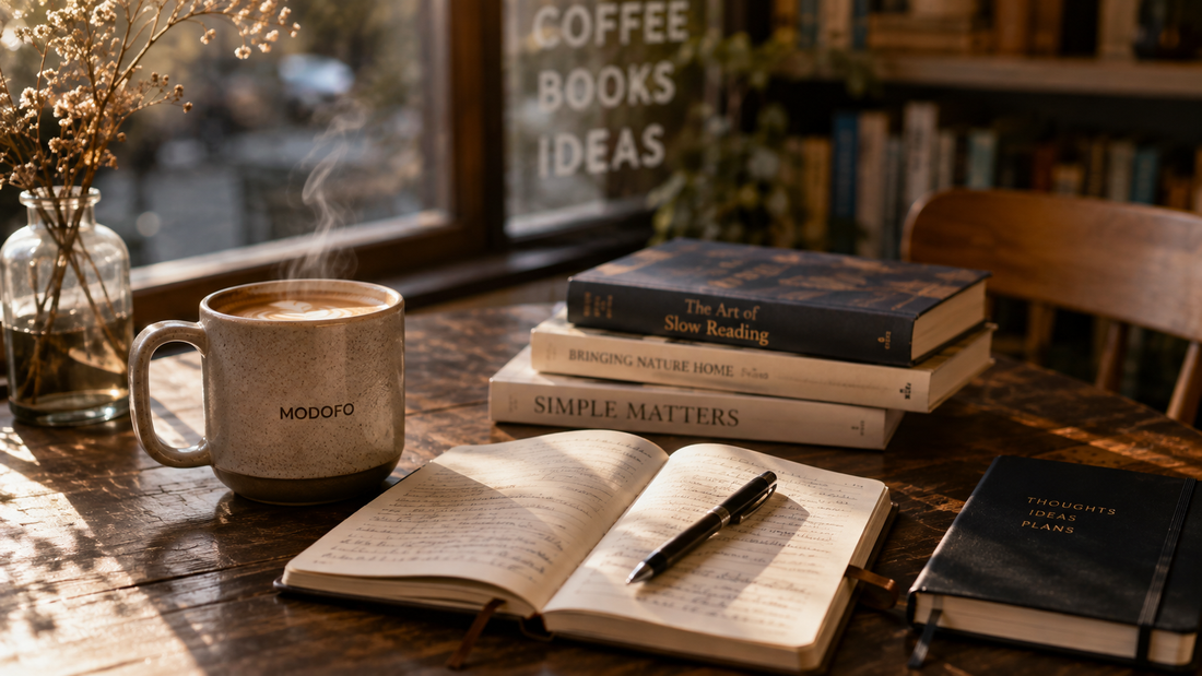 A cozy café scene featuring a paper book, handwritten journal, freshly brewed coffee, and warm natural light, capturing the return of analog hobbies and slow living in a modern lifestyle.