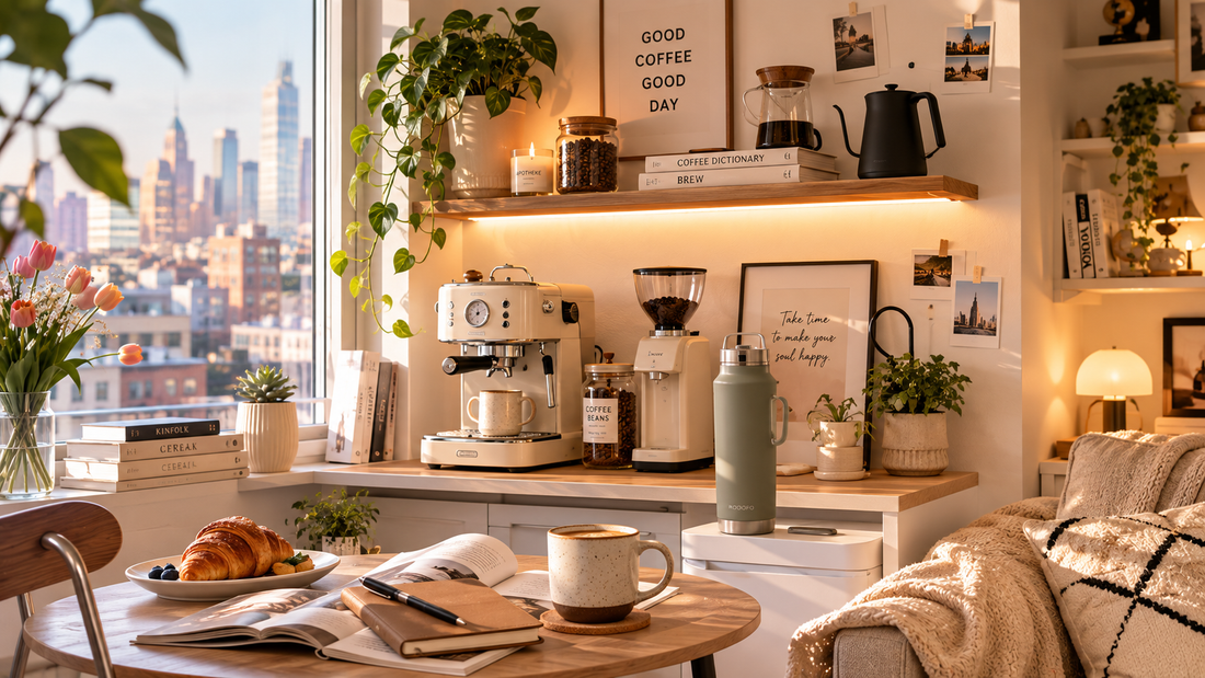 A cozy coffee corner in a modern small apartment featuring a compact coffee station, warm natural light, books, indoor plants, reusable drinkware, and a relaxing home café atmosphere.